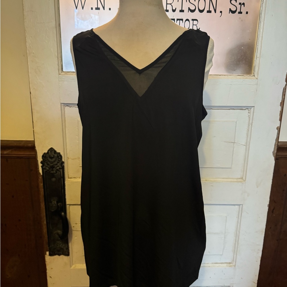 Soft Surroundings Black Sleeveless V-Neck Tank with Sheer Mesh Panel